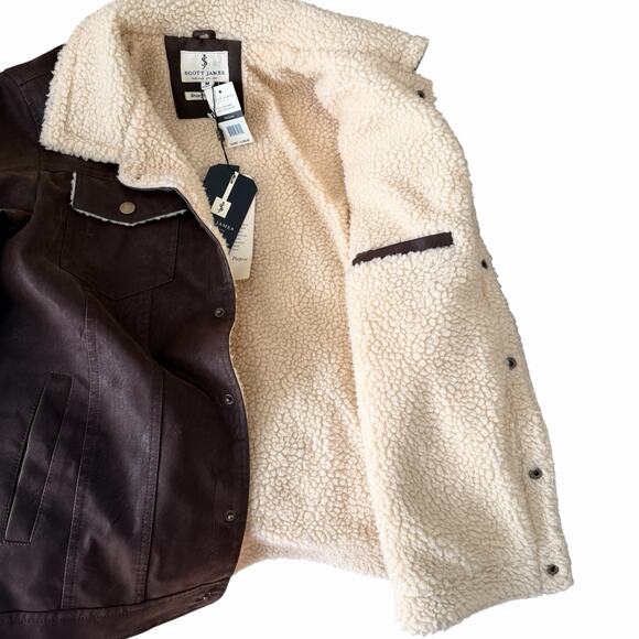 Scott James Mens M Brown Faux Leather Sherpa Lined Trucker Jacket Snap Front NWT - Picture 3 of 7